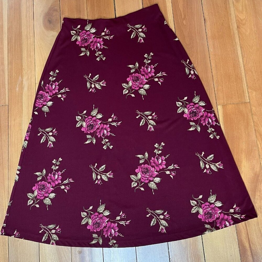 DO NOT BUY Jaclyn Smith Maxi Skirt XL Pull On Stretch Roses Fairy Maroon Office